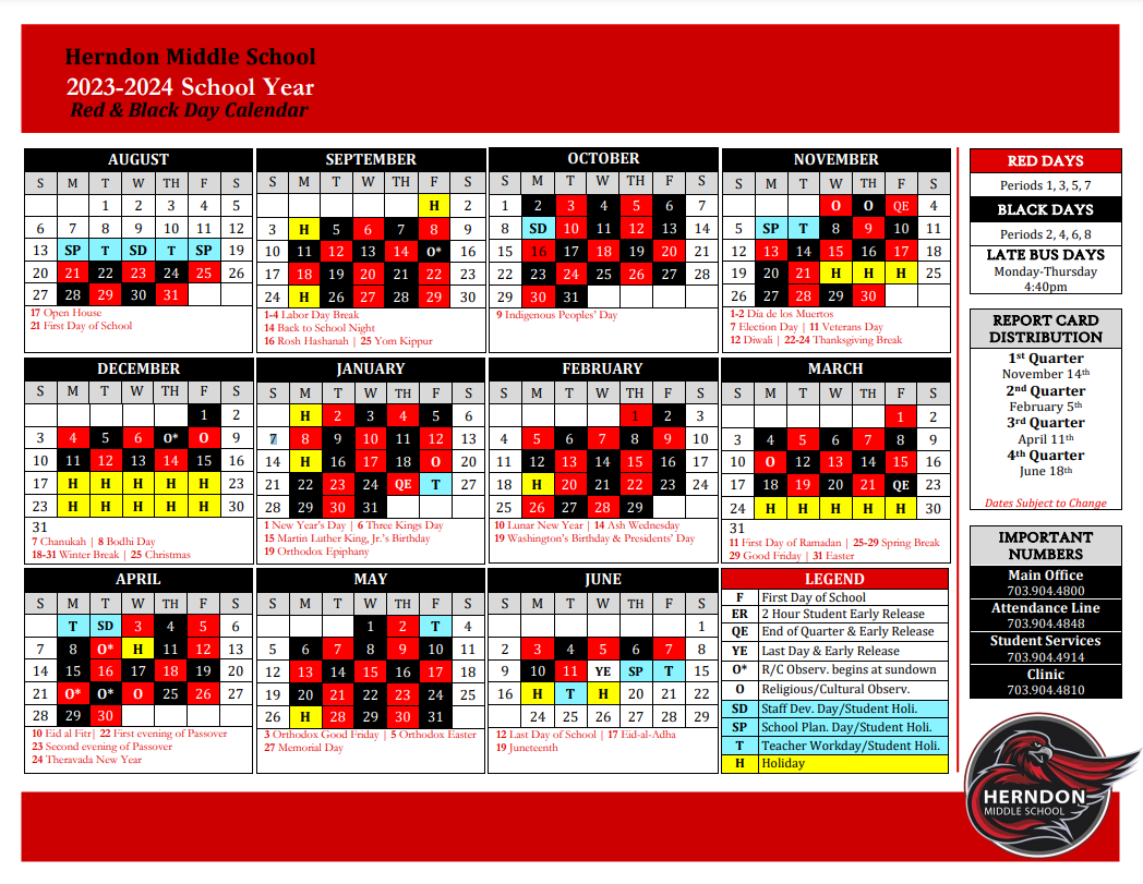 Red and Black Day Calendar Herndon Middle School